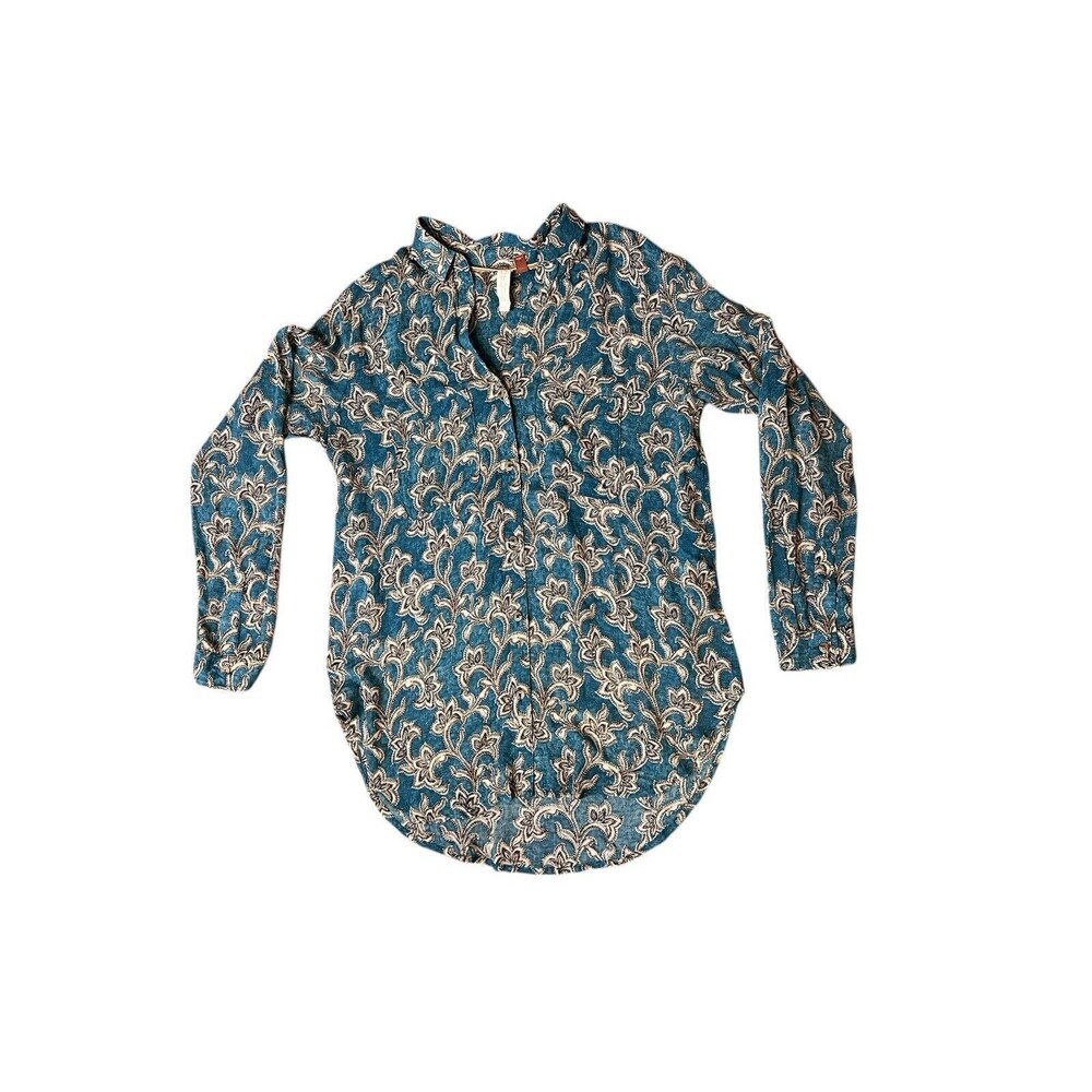 Anthropologie Top Womens Sz XS Pilcro Leilani Tunic Shirt Blue Motif Long Sleeve